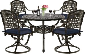 VIVIJASON 5-Piece Outdoor Patio Dining Set, All-Weather Cast Aluminum Conversation Set, Patio Furniture Set for Backyard, Include 4 Swivel Chairs, 38.5" Round Table w/Umbrella Hole, Navy Blue Cushion