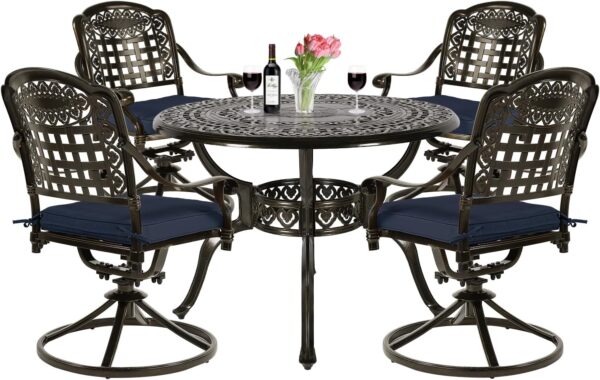 VIVIJASON 5-Piece Outdoor Patio Dining Set, All-Weather Cast Aluminum Conversation Set, Patio Furniture Set for Backyard, Include 4 Swivel Chairs, 38.5" Round Table w/Umbrella Hole, Navy Blue Cushion