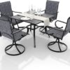 MELLCOM 5-Piece Outdoor Dining Set, 4 Swivel Rocker Chairs with High Back Textilene & Square Metal Dining Table with Umbrella Hole, Patio Furniture Set for Porch, Garden, Backyard, Deck, Grey