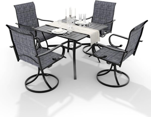 MELLCOM 5-Piece Outdoor Dining Set, 4 Swivel Rocker Chairs with High Back Textilene & Square Metal Dining Table with Umbrella Hole, Patio Furniture Set for Porch, Garden, Backyard, Deck, Grey