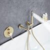 AZOS Wall Mounted Bathtub Faucet with Handheld Shower, High Flow Rate Tub Filler Faucet Set with 360° Swivel Spout Fixtures, Brushed Gold Waterfall Tub Faucets