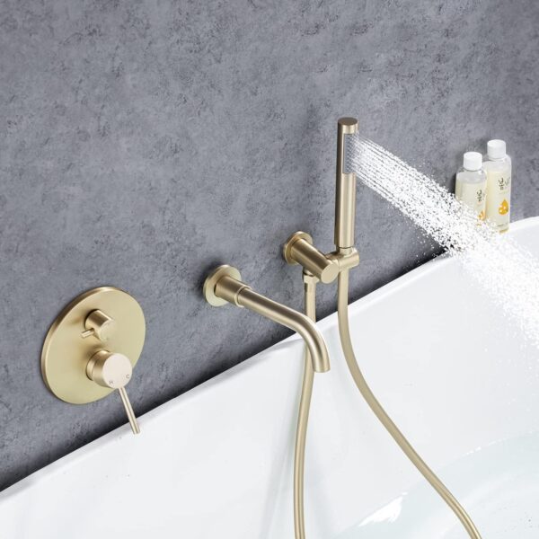 AZOS Wall Mounted Bathtub Faucet with Handheld Shower, High Flow Rate Tub Filler Faucet Set with 360° Swivel Spout Fixtures, Brushed Gold Waterfall Tub Faucets