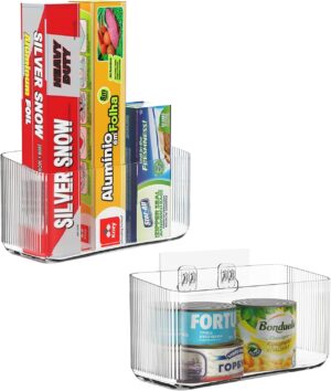 2 Pack Cabinet Door Organizers Plastic Wrap Holders for Kitchen Organizers, No drilling Wall Door Mount Kitchen Wrap Rack for Foil Wrap, Cling Wrap, and Food Bags, Clear