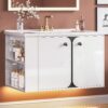 IRONCK 30" Bathroom Vanity with Sink, Floating Bathroom Sink Cabinet with LED Light & Extra Shelves, High Gloss Modern Clearance Bathroom Vanities, White