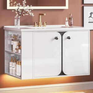 IRONCK 30" Bathroom Vanity with Sink, Floating Bathroom Sink Cabinet with LED Light & Extra Shelves, High Gloss Modern Clearance Bathroom Vanities, White