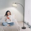 Black Arc Floor Lamps for Living Room,Modern Standing Lamp with Adjustable Drum Lampshade Tall Pole Lamp with Foot Switch Over Couch Arched Floor Light for Reading Bedroom 8W LED Bulb Included