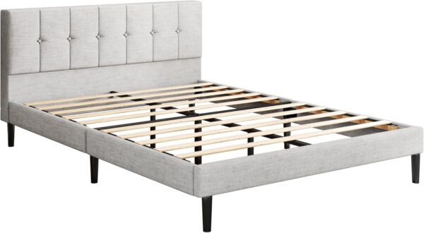 Queen Size Bed Frame, Platform Beds with Upholstered Headboard, Mattress Foundation with Wooden Slats Support, Easy Assembly, Noise Free, No Box Spring Needed, Light Grey
