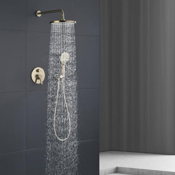 Brushed Gold Shower Faucet Set, Wall Mount Rain Shower System 10 Inches, and Handheld Shower Head Combination, Included Rough-in Valve and Trim Kit