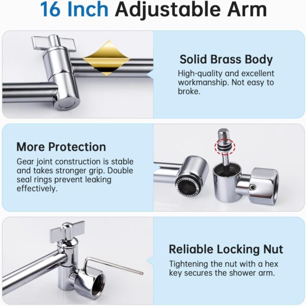 G-Promise All Metal 14 Inch Rain Shower Head with 16 Inch Adjustable Extension Arm | High Pressure Rainfall Showerhead | Luxury Modern Look Rectangular Large Waterfall Showerhead (Chrome)