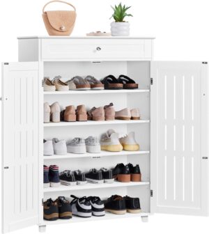 71jZCTSfBCL._AC_SL1500_.jpg Yaheetech Shoe Cabinet, 5-Tier Shoe Rack Organizer with 1 Drawer, Freestanding Wooden Shoe Storage Cabinet with 2 Louvered Door & Adjustable Shelves for Entryway Hallway, White