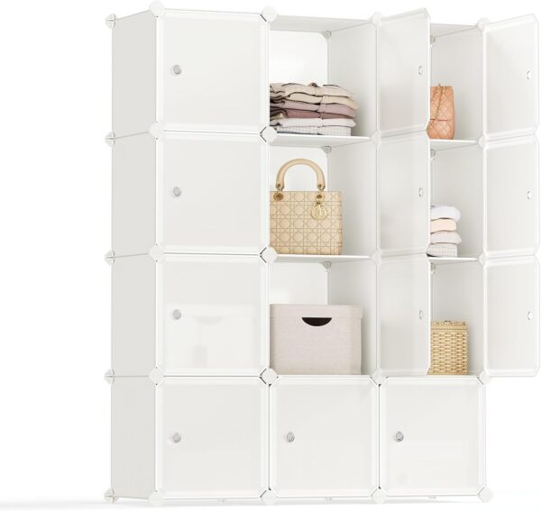 SONGMICS Cube Storage Organizer, Set of 12 Plastic Cubes, Closet Storage Shelves, DIY Plastic Closet Cabinet, Modular Bookcase, Shelving with Doors for Bedroom, Living Room, Cream White ULPC342W02
