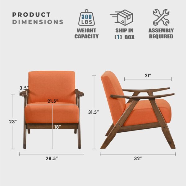 Lexicon Mid Century Modern Accent Chair with Solid Wood Frame in Walnut Finish, Upholstered Living Room Lounge Arm Chair, Thick and Comfy Innerspring Seat Cushion, Linen-Look Fabric, Orange