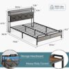 LINSY Queen Bed Frame with Storage Headboard, Upholstered Platform Frame with LED and Charging Station, Metal Queen Size Bed Frames, No Box Spring Needed, Easy Assembly, Rustic Grey