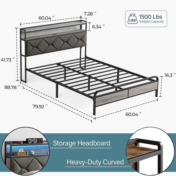 LINSY Queen Bed Frame with Storage Headboard, Upholstered Platform Frame with LED and Charging Station, Metal Queen Size Bed Frames, No Box Spring Needed, Easy Assembly, Rustic Grey