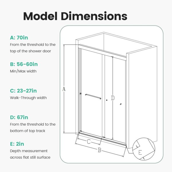 56-60" W x 70" H Semi-Frameless Double Sliding Shower Door, Glass Shower Door with Water Seal Strips and Anti-Collision Protection, 1/4" (6mm) Thick SGCC Tempered Glass, Adjustable Width, Chrome