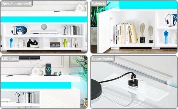 72" Modern TV Stand with LED Lights and Power Outlet for TVs Up to 80 inch, High Gloss Finish Entertainment Center, TV Console Cabinet with Storage for Living Room, White