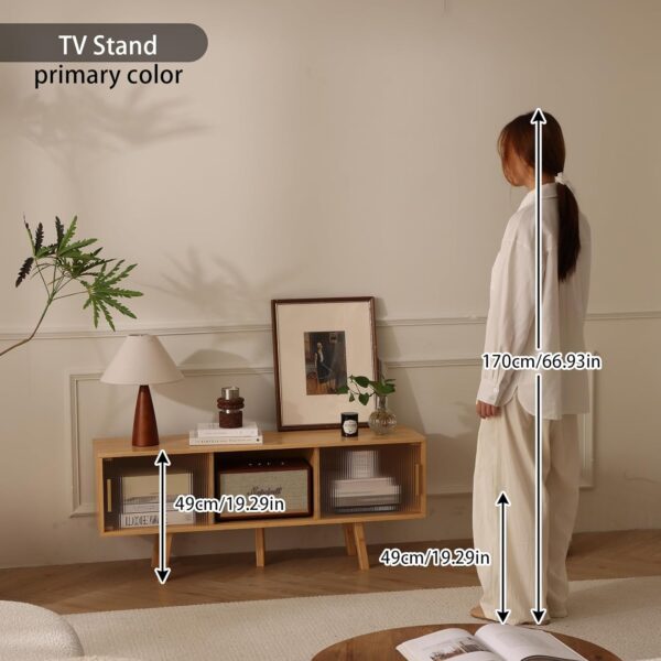 Bamboo TV Stand for TVs up to 50 Inches, Durable Entertainment Center with 2 Sliding Acrylic Cabinet Doors for Gaming Console, Modern Accent TV Console Cabinet for Living Room Bedroom