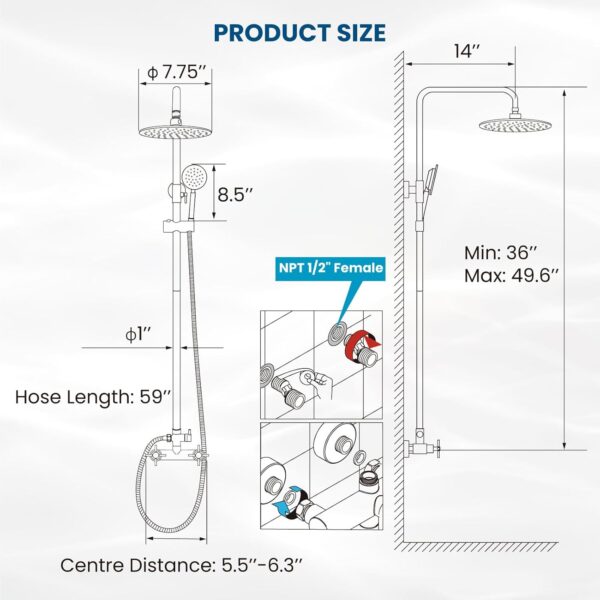 gotonovo SUS304 Outdoor Shower Fixture High Pressure Shower System Combo Wall Mount 2 Dual Function Shower Faucet Set Round Handheld Spray Matte Black Double Cross Handle