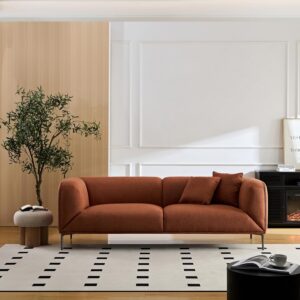 89" Modern Sofa Couch, Velvet Upholstered Sofas, 3-Seater Deep Seat Couchs, Comfy Fluffy Standard Couch with Straight Tuxedo Arm, Metal Legs, 2 Pillows for Living Room, Home Office (Orange)