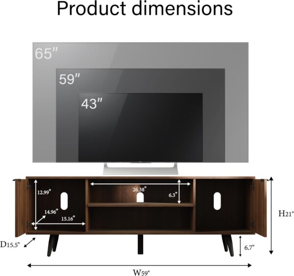 59" Modern TV Stand with Storage Cabinet, Wood Fashionable TV Cabinet with Waveform Panel and Adjustable Shelf, Entertainment Center TV Stand for 69'' TV, Living Room Furniture, Dark Walnut
