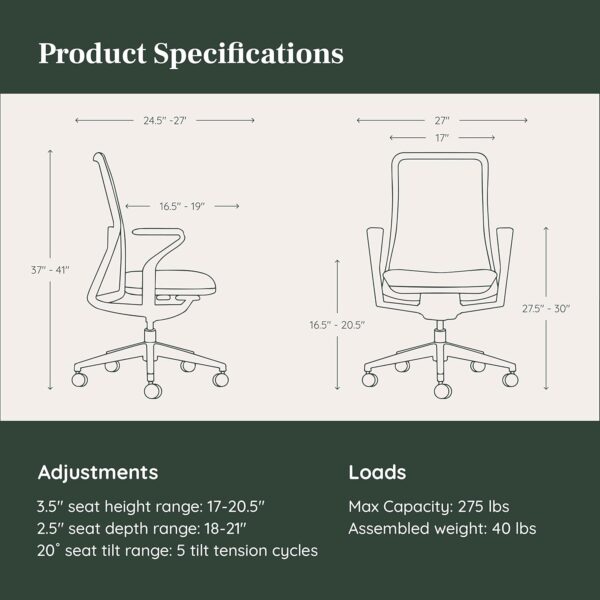 Branch Verve Chair - High Performance Executive Office Chair with Contoured Seat Back and Adjustable Lumbar Rest - High Density Foam Cushion with Aluminum Base - Up to 275 lbs - Wheat
