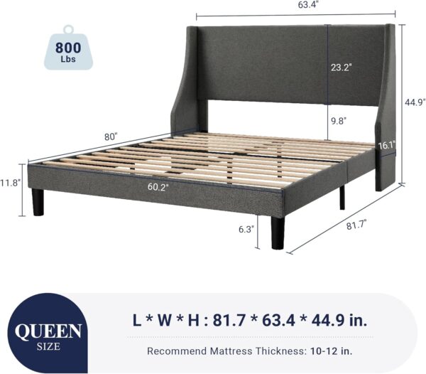 Allewie Platform Bed Frame Queen Size with Upholstered Headboard – Modern Deluxe Wingback Design, Wood Slat Support, Light Grey