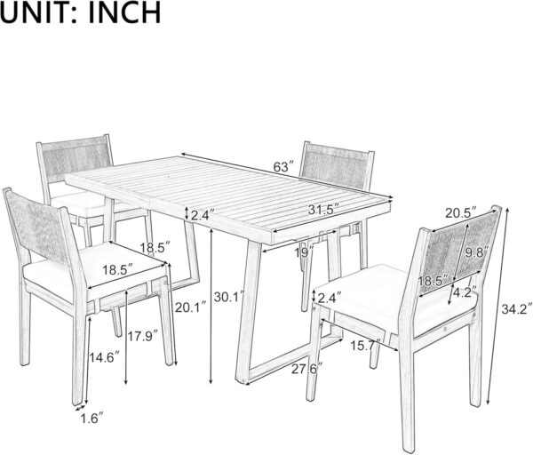 5 Pieces Patio Dining Set, Acacia Wood Dining Table and Chair Set, All-Weather Outdoor Conversation Set Gathering Set with Thick Cushions for Garden Backyard Balcony (Gray+Acacia5)