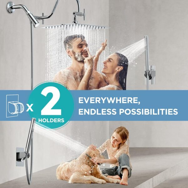 All Metal Dual Shower Heads Combo with Curved Extension Arm, 10" Rain Shower Head with Handheld Spray, Square Adjustable Rainfall Showerhead System, 71" Extra Long Shower Hose, Chrome