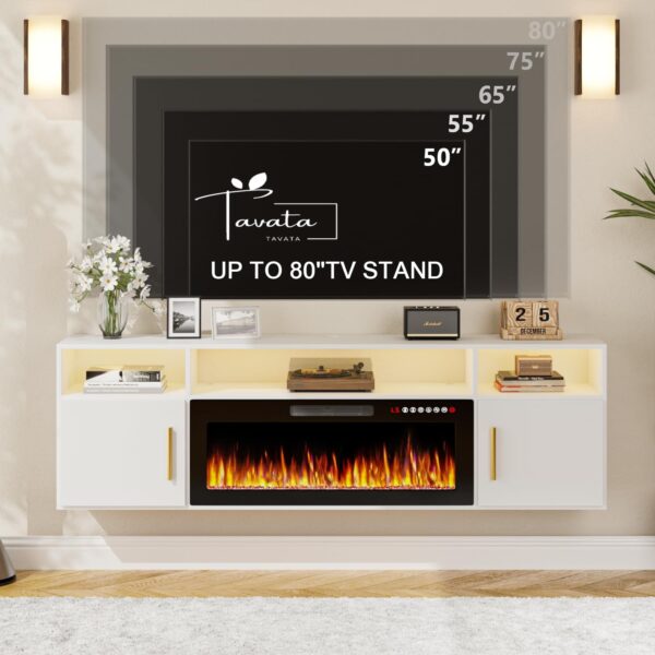 70" Floating TV Stand with 36" Electric Fireplace - Wall Mounted Entertainment Center with LED Lights & Storage Cabinet, Modern Media Console for Living Room, Supports TVs up to 80" (White)