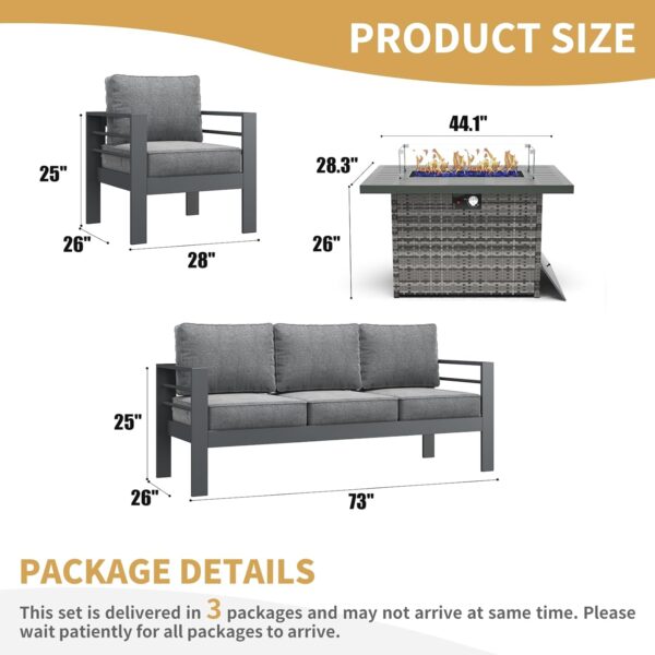 LayinSun Aluminum Furniture Set with Fire Pit Table, 4 Pieces Patio Sectional Conversation Chat Sofa Modern Seating Set
