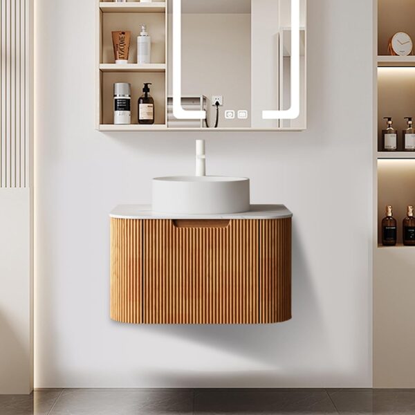 24 Inch Floating Bathroom Vanity with Sink, Modern Wall Mounted Bathroom Storage Cabinet with Drawer, Round White Ceramic Sink Top and Marble Texture Top, Natural Wood