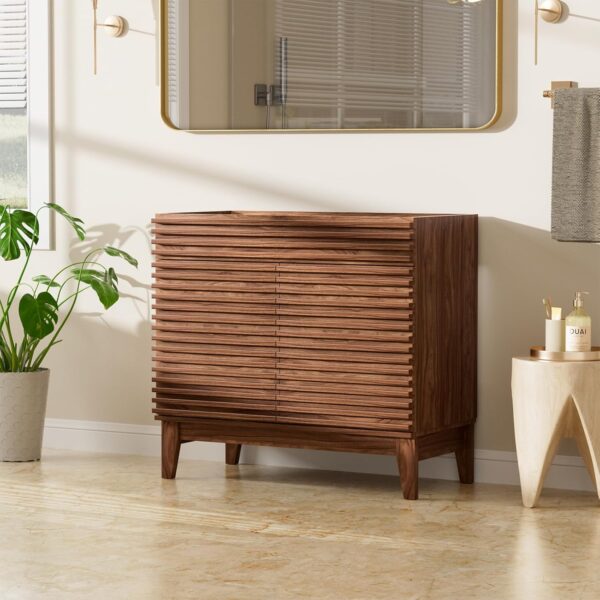 ROOMTEC 36" Bathroom Vanity, Mid-Century Freestanding Bathroom Cabinet Vanity with Storage, Particleboard Frame with Wood Grain Laminate, Walnut (Sink Basin Not Included)