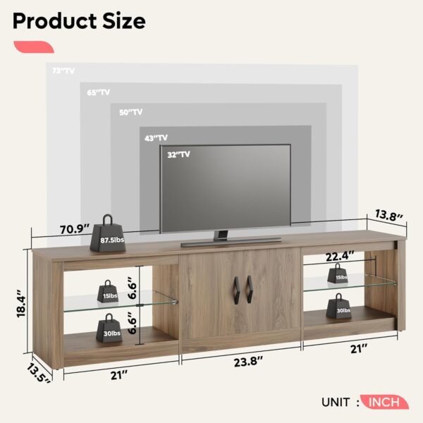 Bestier 70 Inch Gaming Entertainment Center with Adjustable Glass Shelves for 75 inch TV, Large Led TV Stand with Storage Cabinet, Modern Television Stand for Living Room, Bedroom, Pinewood