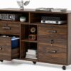 VINGLI Wide 4 Drawer File Cabinet with Lock, Wood Lateral File Cabinet with Open Shelves, Lockable Rolling File Cabinets for Home Office, Dark Brown File Cabinet Printer Stand, Letter Sized