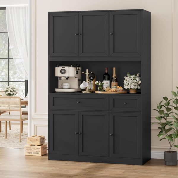 72" Kitchen Pantry Cabinet, Kitchen Hutch with Microwave Stand, Buffet Cabinet with Hutch for Dining Room, Black