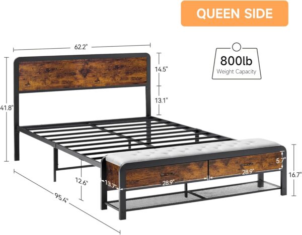 Queen Size Bed Frame with Wood Headboard and 2 Storage Drawers, Metal Platform Bed Frame Queen with Heavy Duty Metal Slats Supports, Noise-Free, No Box Spring Needed, Rustic Brown