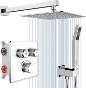 SR SUN RISE 100℉ Thermostatic Shower System,10" Luxury Rainfall Shower Head and High-Pressure Handheld Bathroom Shower Faucet Set,Shower Valve and Trim Kit Included (Polished Chrome)
