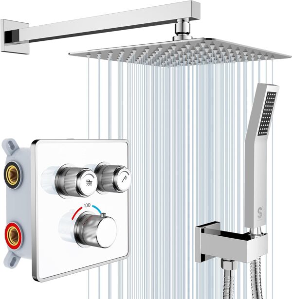 SR SUN RISE 100℉ Thermostatic Shower System,10" Luxury Rainfall Shower Head and High-Pressure Handheld Bathroom Shower Faucet Set,Shower Valve and Trim Kit Included (Polished Chrome)