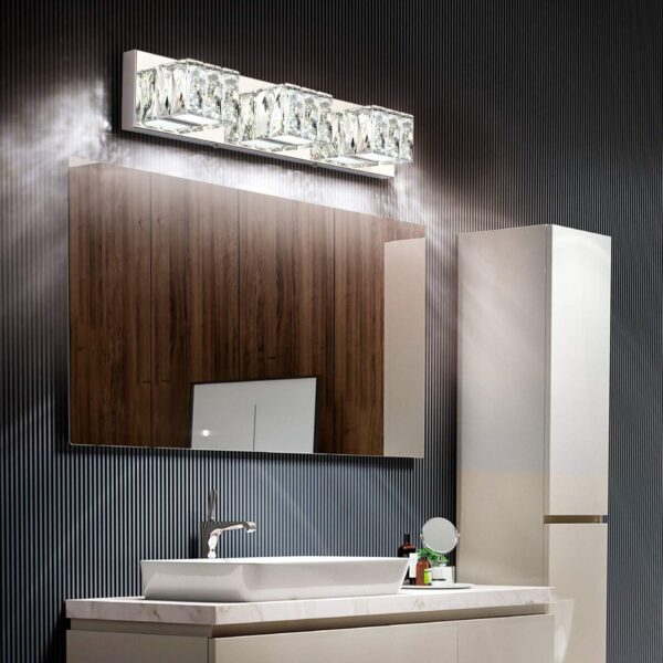 ZUZITO Modern Bathroom Vanity Lights - Crystal 3 Light Vanity Lighting Fixtures - Chrome Bathroom LED Light Fixture Over Mirror 6000K Cool White Light