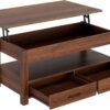 Rolanstar Coffee Table, Lift Top Coffee Table with Drawers and Hidden Compartment, Retro Central Table with Wooden Lift Tabletop, for Living Room,Espresso