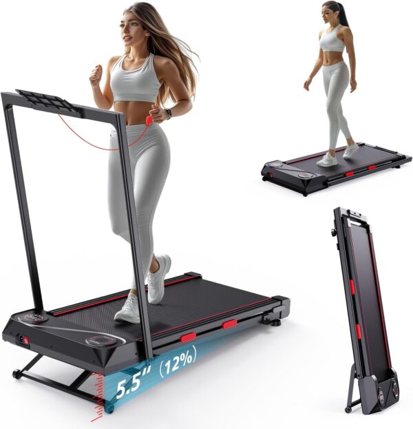 Foldable Treadmill Walking Pad with Auto Incline, 6-Level 12% Portable Under Desk Treadmill for Home Office, 2 in 1 330lbs Capacity Heavy Duty with Handle Bar, 2.5HP Quiet, Upright Space-Saving