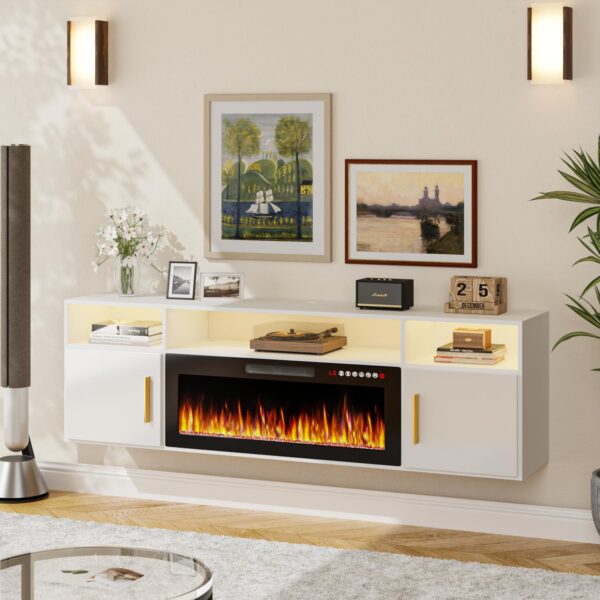 70" Floating TV Stand with 36" Electric Fireplace - Wall Mounted Entertainment Center with LED Lights & Storage Cabinet, Modern Media Console for Living Room, Supports TVs up to 80" (White)
