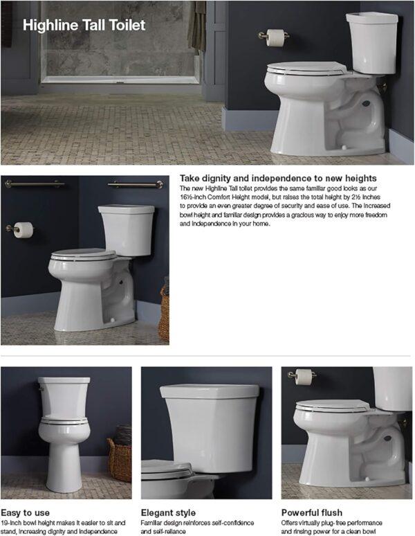 KOHLER K-25224-0 Highline Tall Two-Piece Elongated Toilet with Left-Hand Trip Lever, Elongated Toilet Bowl, 1.28 GPF, White