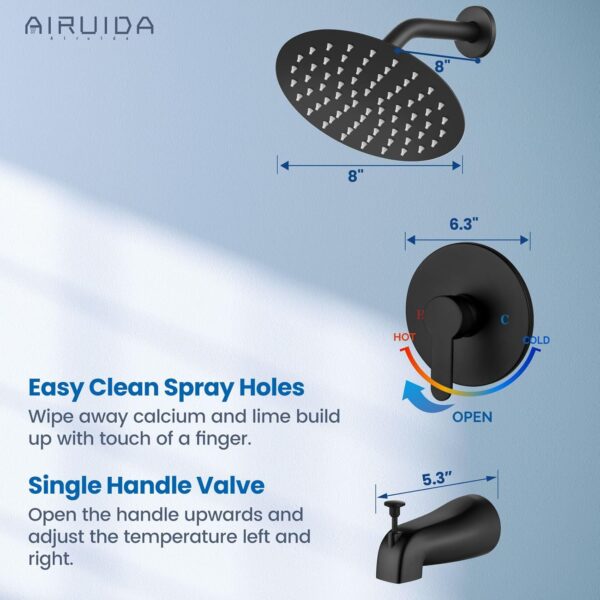 Airuida Shower Faucet Set with Tub Spout Bathtub Faucet Kit Shower Tub Faucet Set Complete Tub Shower Trim Kit with Solid Brass Rough-in Valve Rainfall Round 8 Inch Shower Head Matte Black