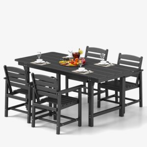 FOOWIN Outdoor Table and Chairs Set 5-Piece HDPE All Weather Patio Dining Set with Umbrella Hole,Outdoor Patio Furniture Dining Set for 6,Patio Kitchen Table Set for Garden,Backyard,Poolside Black