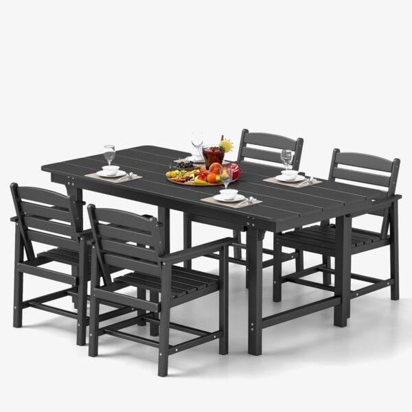 FOOWIN Outdoor Table and Chairs Set 5-Piece HDPE All Weather Patio Dining Set with Umbrella Hole,Outdoor Patio Furniture Dining Set for 6,Patio Kitchen Table Set for Garden,Backyard,Poolside Black