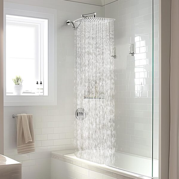 G-Promise All Metal 14 Inch Rain Shower Head with 16 Inch Adjustable Extension Arm | High Pressure Rainfall Showerhead | Luxury Modern Look Rectangular Large Waterfall Showerhead (Chrome)