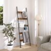 HOOBRO Blanket Ladder, 5-Tier Towel Rack with Hooks, Wall-Leaning Blanket Rack, Decorative Display Ladder Shelf, Scarves, Industrial, Living Room, Bedroom, Rustic Brown and Black BF52CJ01