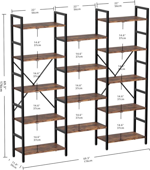 IRONCK Bookcases and Bookshelves Triple Wide 5 Tiers Industrial Bookshelf, Large Etagere Bookshelf Open Display Shelves with Metal Frame for Living Room Bedroom Home Office