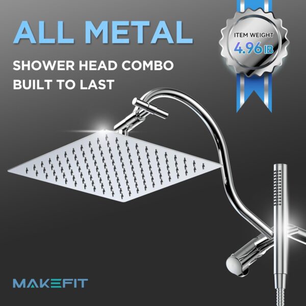 All Metal Dual Shower Heads Combo with Curved Extension Arm, 10" Rain Shower Head with Handheld Spray, Square Adjustable Rainfall Showerhead System, 71" Extra Long Shower Hose, Chrome